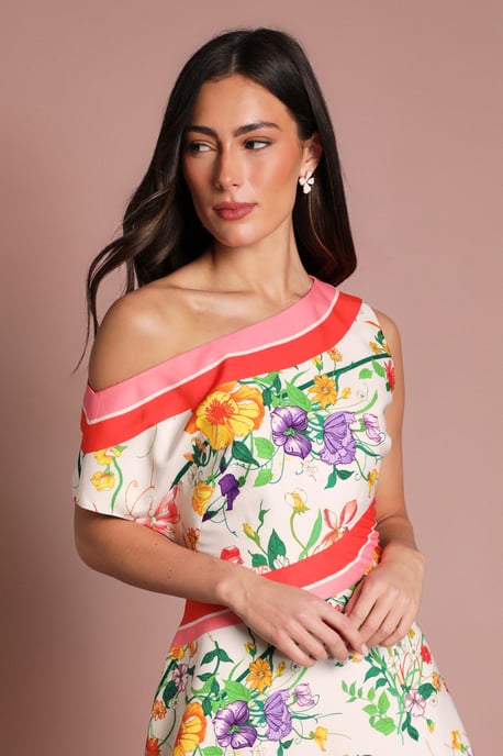 Off The Shoulder Asymmetric Printed Satin Midi Dress - Image 2