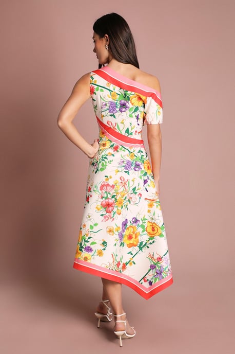 Off The Shoulder Asymmetric Printed Satin Midi Dress - Image 3