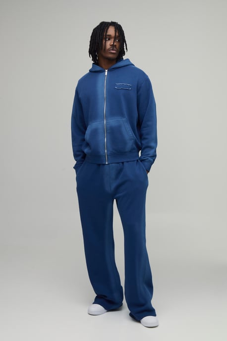 Tall Boxy Spray Seam Distressed Applique Zip Through Hooded Tracksuit - Image 1
