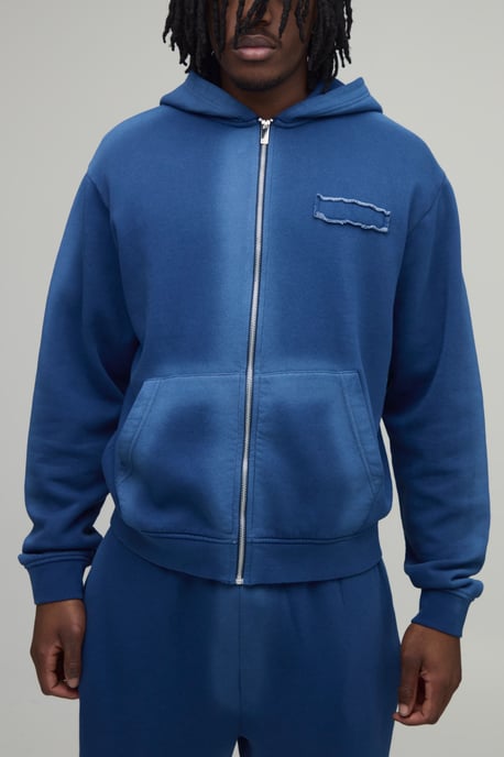 Tall Boxy Spray Seam Distressed Applique Zip Through Hooded Tracksuit - Image 3