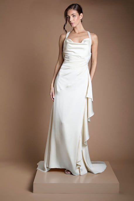Beaded Strap Cowl Neck Wedding Dress - Image 1