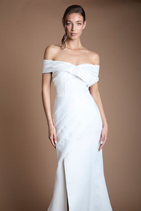 Structured Matte Satin Pleated Bandeau Fishtail Wedding Dress - Image 2