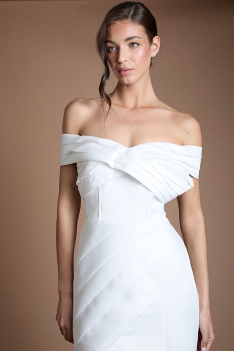Structured Matte Satin Pleated Bandeau Fishtail Wedding Dress - Image 4