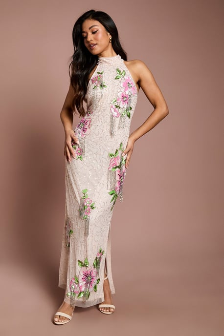 Petite High Neck Floral Sequin Maxi Dress - Image 1