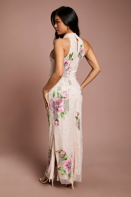 Petite High Neck Floral Sequin Maxi Dress - Image 3