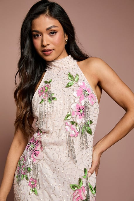 Petite High Neck Floral Sequin Maxi Dress - Image 5