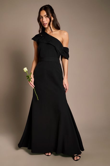 Crepe High Neck One Shoulder Bridesmaid Maxi Dress - Image 1