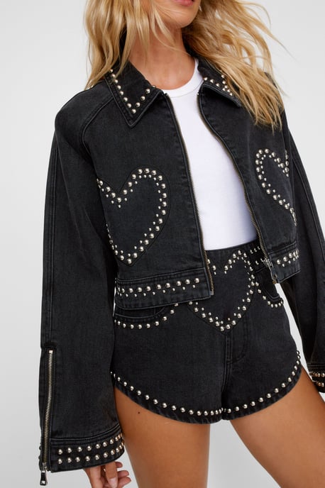 Heart Studded Cropped Denim Jacket - Image 3