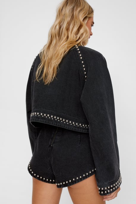 Heart Studded Cropped Denim Jacket - Image 4