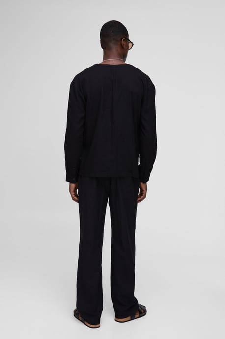 Heavyweight Linen Blend Collarless Long Sleeve Regular Fit Shirt - Image 2