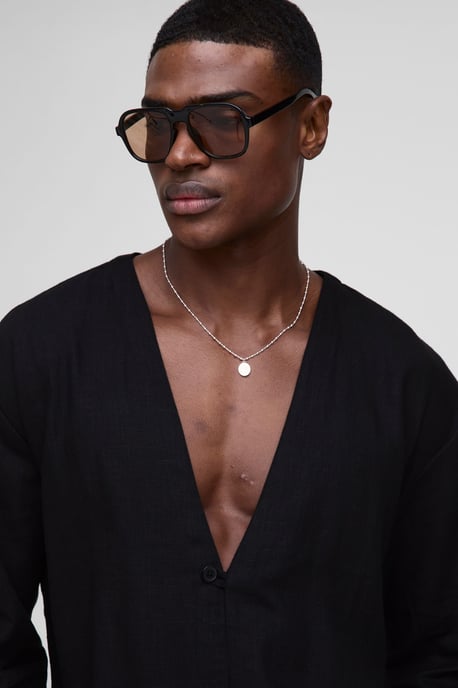 Heavyweight Linen Blend Collarless Long Sleeve Regular Fit Shirt - Image 3