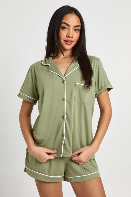 Jersey Piping Detail Short Sleeve Shirt & Shorts Pyjama Set - Image 1