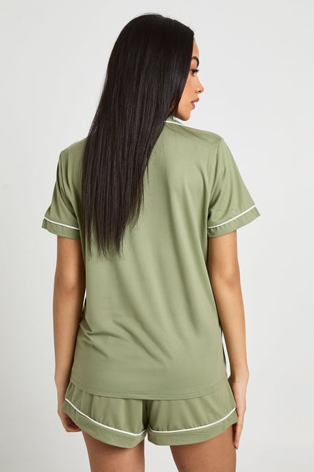 Jersey Piping Detail Short Sleeve Shirt & Shorts Pyjama Set - Image 2