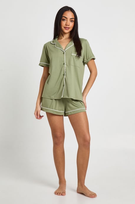 Jersey Piping Detail Short Sleeve Shirt & Shorts Pyjama Set - Image 3