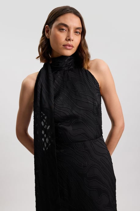 Slub Self Stripe Scarf Detail Woven Blouse - Image 2
