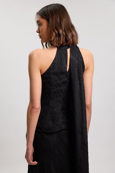 Slub Self Stripe Scarf Detail Woven Blouse - Image 3