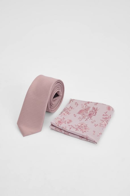 Plain Pink Tie and Floral Pocket Square - Image 1