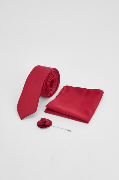 Red Tie With Pocket Square and Lapel Pin - Image 1