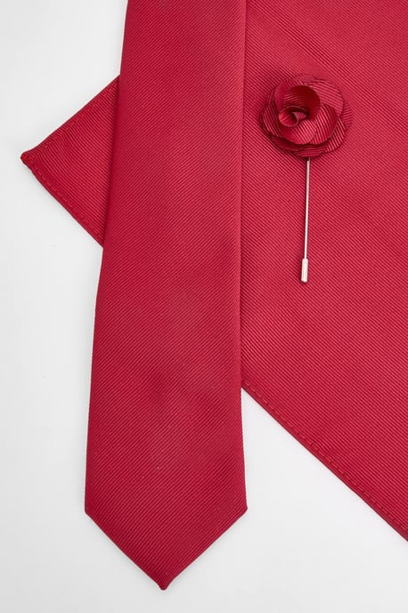 Red Tie With Pocket Square and Lapel Pin - Image 2