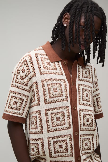 Relaxed Crochet Patch Tapestry Knitted Shirt - Image 3