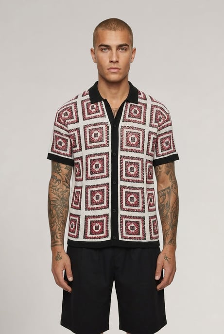 Relaxed Crochet Patch Tapestry Knitted Shirt - Image 1