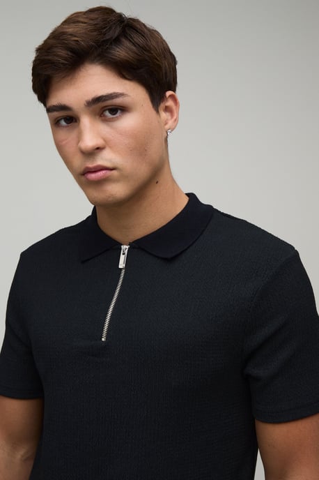 Muscle Fit Crinkle Textured Zip Up Polo - Image 3