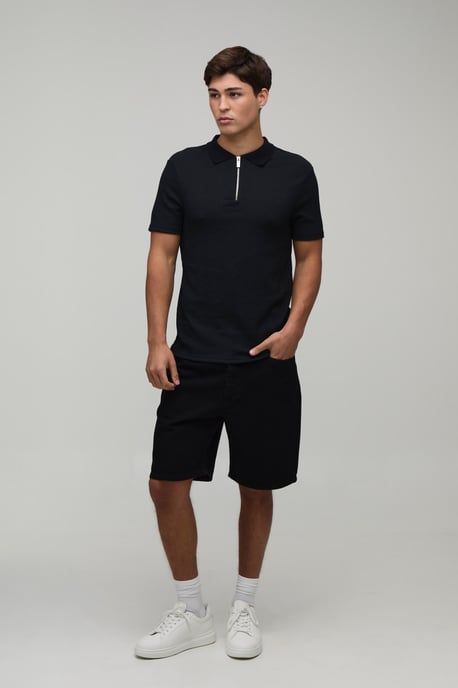 Muscle Fit Crinkle Textured Zip Up Polo - Image 4