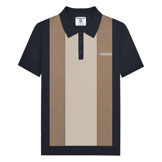 Lambretta Mens Vertical Stripe Knitted Polo Shirt (Navy/Cashew/Silver) - Image 1