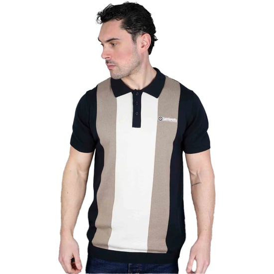 Lambretta Mens Vertical Stripe Knitted Polo Shirt (Navy/Cashew/Silver) - Image 4