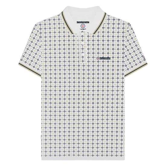 Lambretta Mens SS25 Geometric Polo Shirt (White/Navy/Cashew) - Image 1