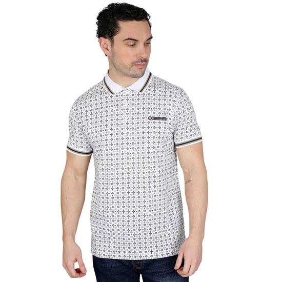 Lambretta Mens SS25 Geometric Polo Shirt (White/Navy/Cashew) - Image 3