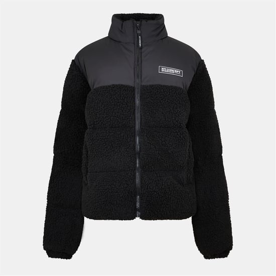 Men's NY Concept Solid Patterned Sherpa Puffer Jacket with Zipped Pocket in Black - Image 1