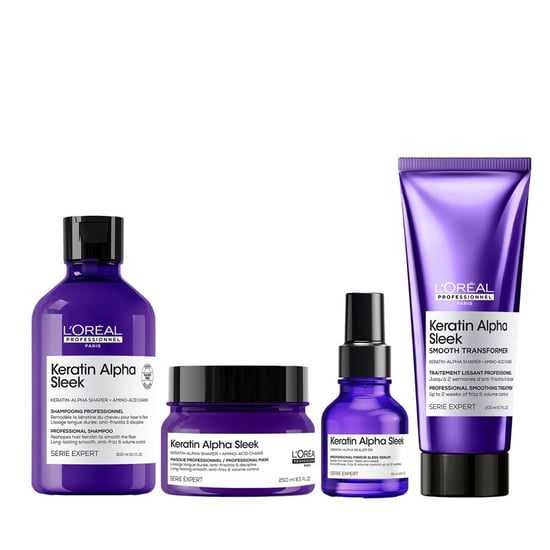L'oréal Professionnel Pack Keratin Alpha Sleek Shampoo, Hair Mask, Hair Serum & Smooth Transformer Bundle - 300ml, 250ml, 50ml, 200ml - Image 1
