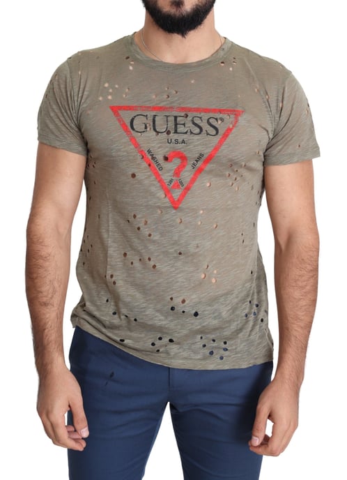 Guess Brown Cotton Stretch Logo Print Men Casual Perforated T-shirt - Image 1