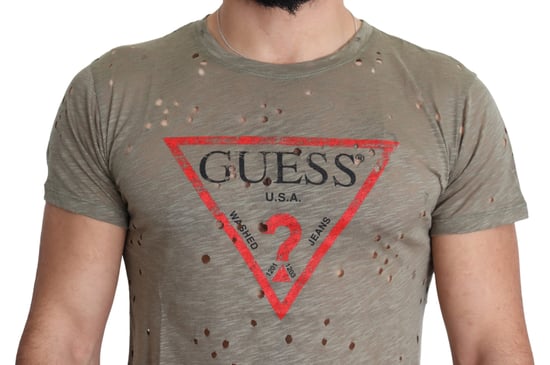 Guess Brown Cotton Stretch Logo Print Men Casual Perforated T-shirt - Image 3