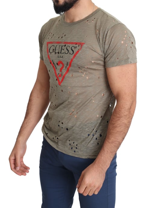 Guess Brown Cotton Stretch Logo Print Men Casual Perforated T-shirt - Image 4