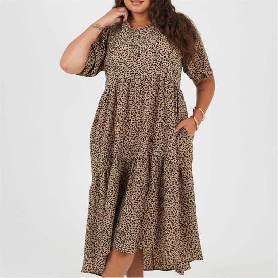 Women's Brave Soul Crew Neck Short Sleeve Tiered Dress in Brown/Black - Image 1