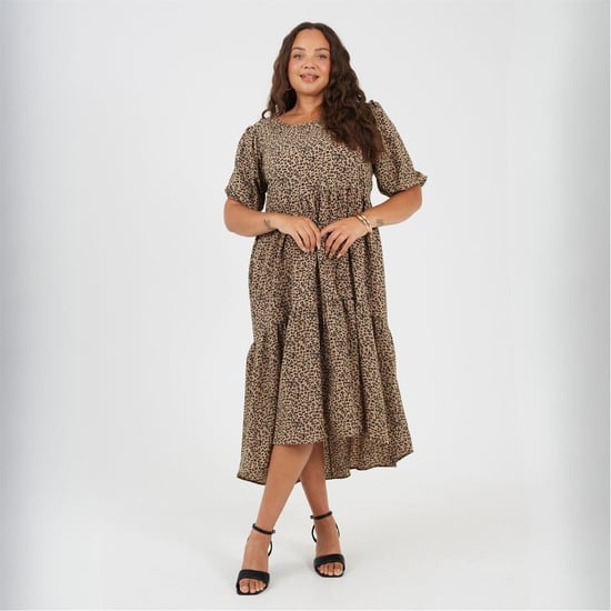 Women's Brave Soul Crew Neck Short Sleeve Tiered Dress in Brown/Black - Image 4