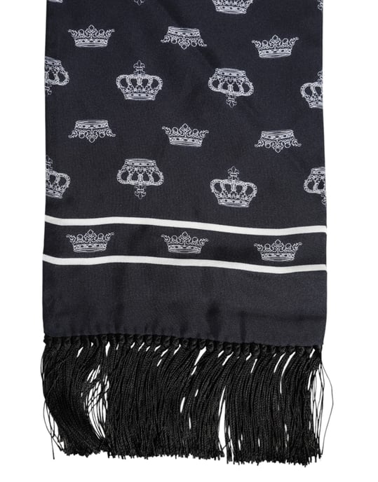 Dolce & Gabbana Zwarte Zijde Kroon Franje Mannen Foulard Sjaal - Image 3