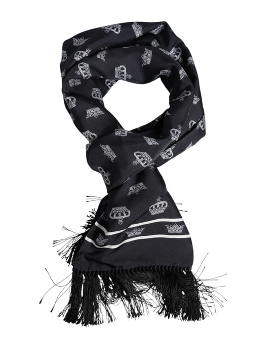 Dolce & Gabbana Zwarte Zijde Kroon Franje Mannen Foulard Sjaal - Image 4