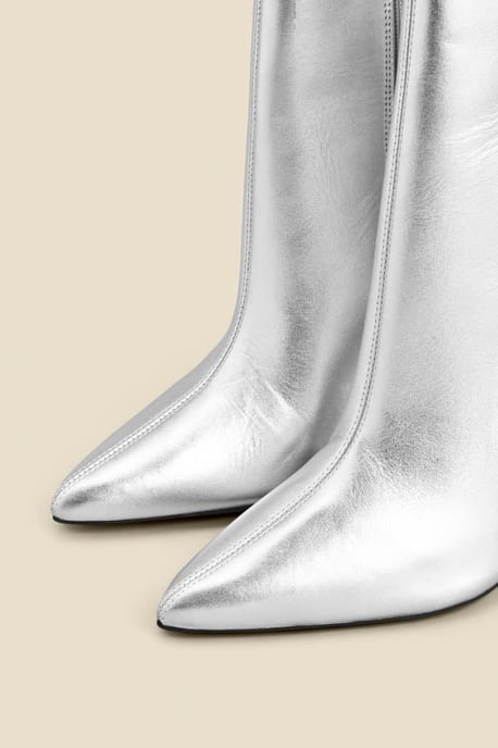 Silver Leather Pointed Toe Ankle Boot - Image 3