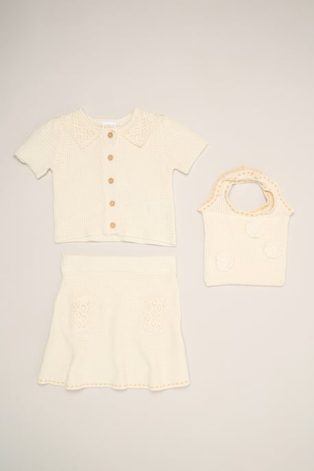 Crochet 3-Piece Set with Knit Top, Skirt & Floral Bag - Image 1