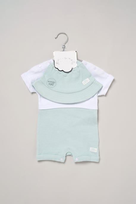 Turtle Printed Romper and Reversible Hat Outfit Set - Image 2