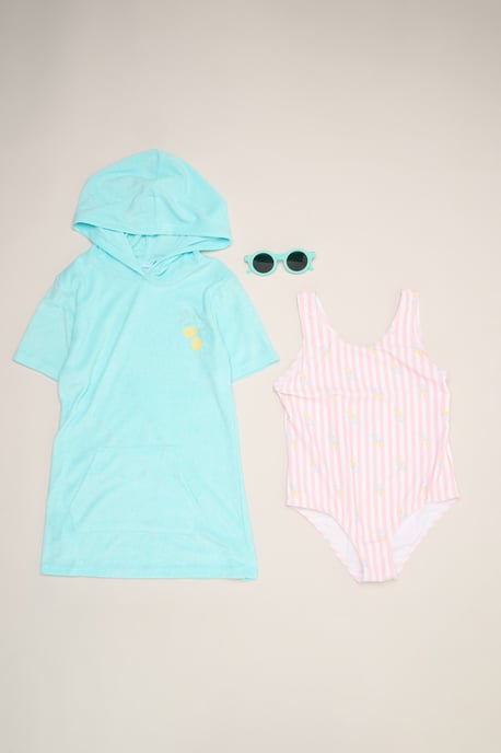 Lemon and Stripe Printed Swimsuit with Poncho and Sunglasses - Image 1
