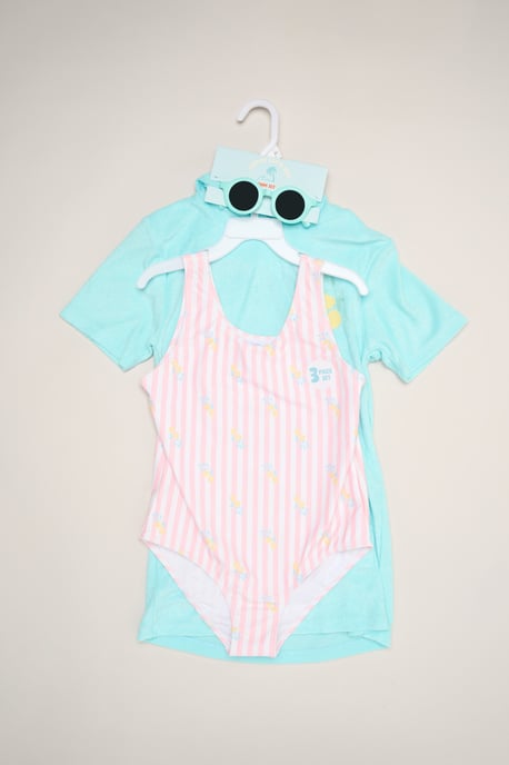 Lemon and Stripe Printed Swimsuit with Poncho and Sunglasses - Image 2