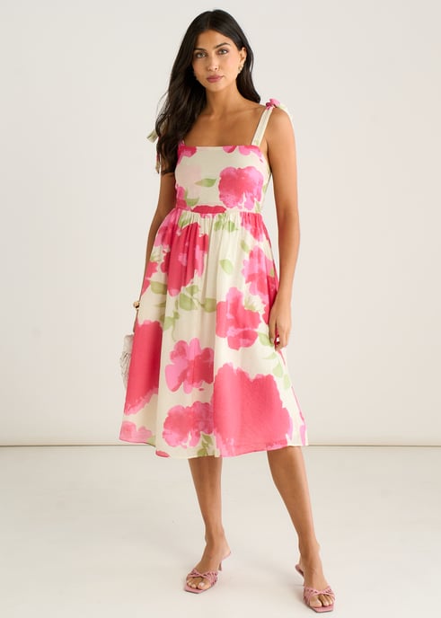Pink Floral Tie Straps Midi Dress - Image 1
