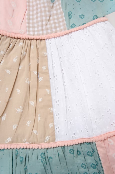 Patchwork Dress with Lace Straps & Pom Pom Trim - Image 3