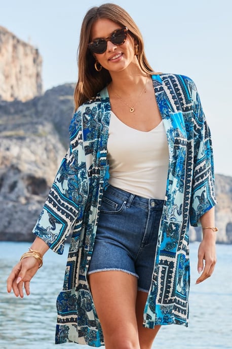 Blue Scarf Print Kimono - Image 1