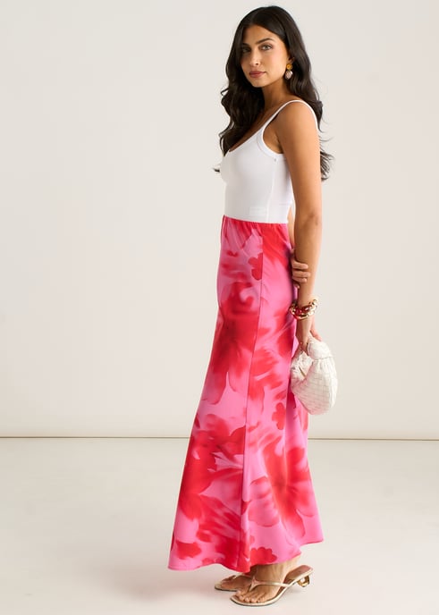 Pink Watercolor Floral Print A Line Maxi Skirt - Image 3