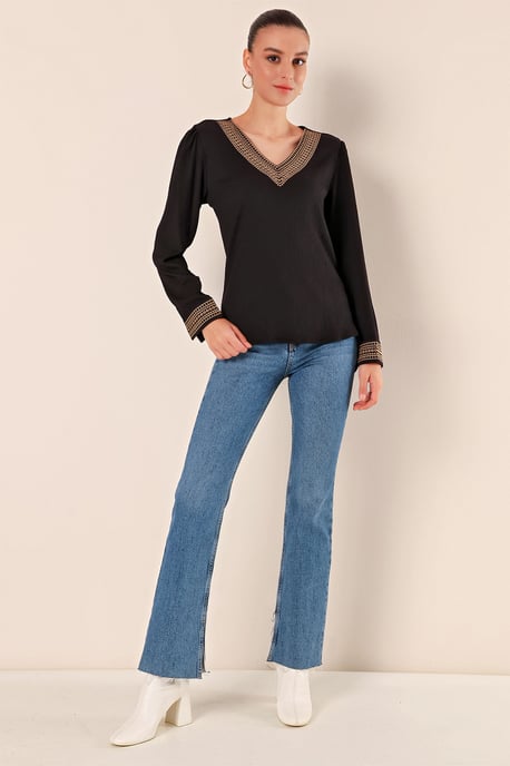 Broderad Texturerad V-hals Blus - Image 2
